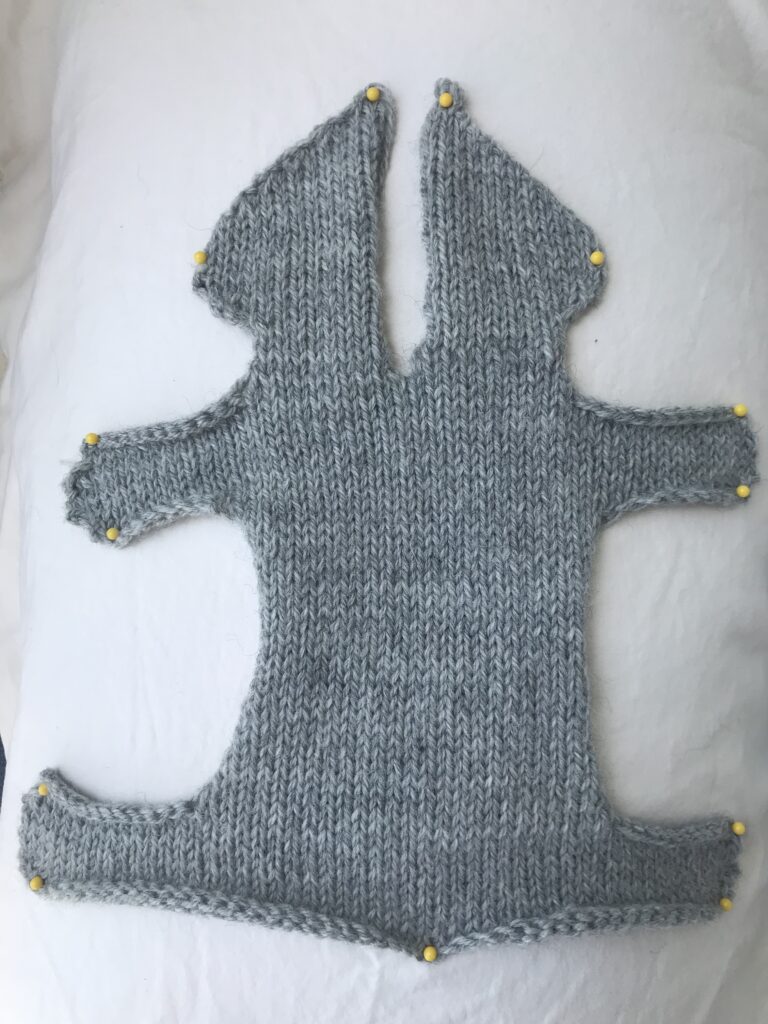 knit back of rabbit with yellow pins in it Rabbit Knitting Pattern FREE