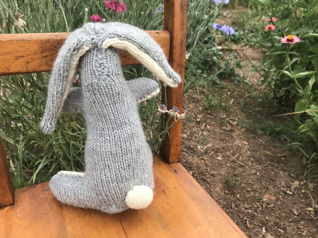 grey and white knitted rabbit's center back on a chair in a flower garden