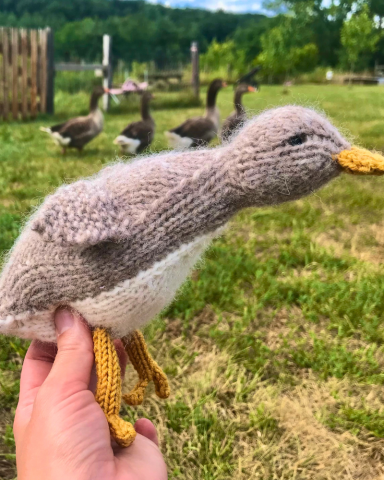 knitted bird with geese in background