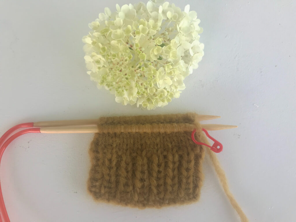 waldorf doll hat being knitted on circular knitting needles with a white flower on a white background