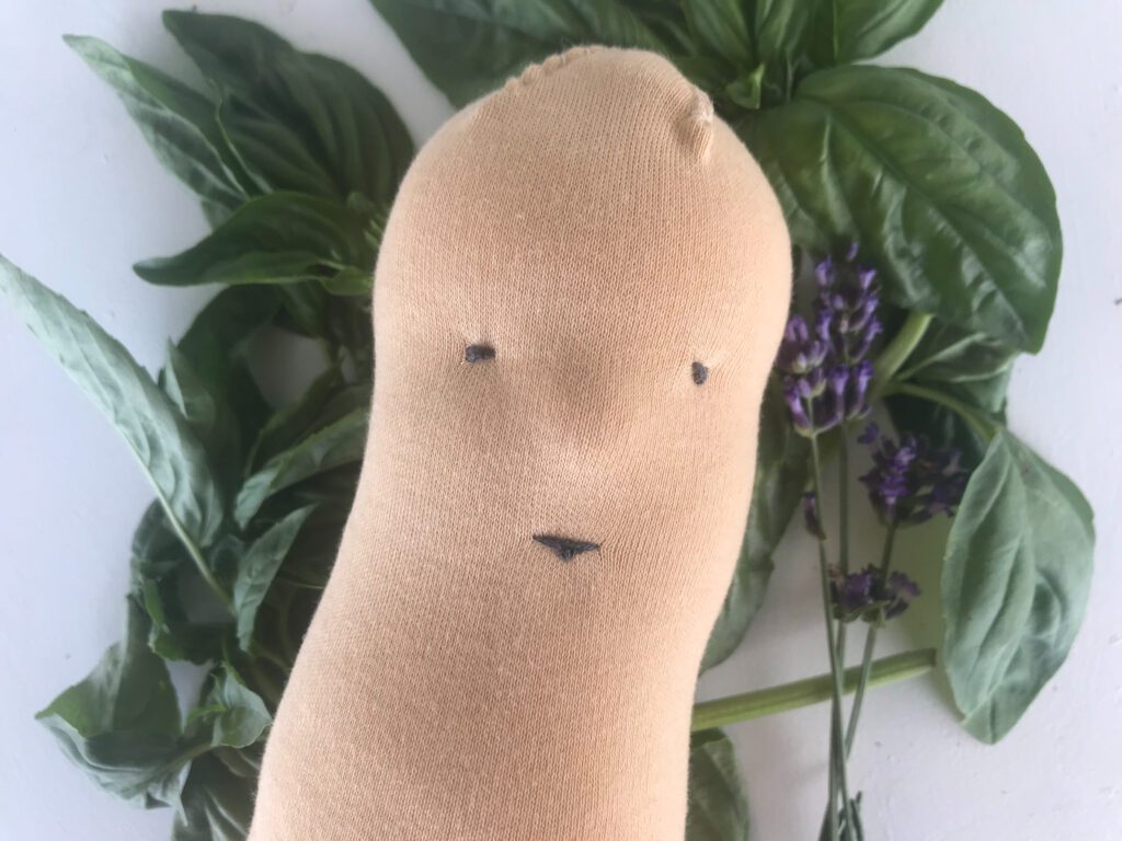 embroidered face on waldorf doll head with basil and lavender in background