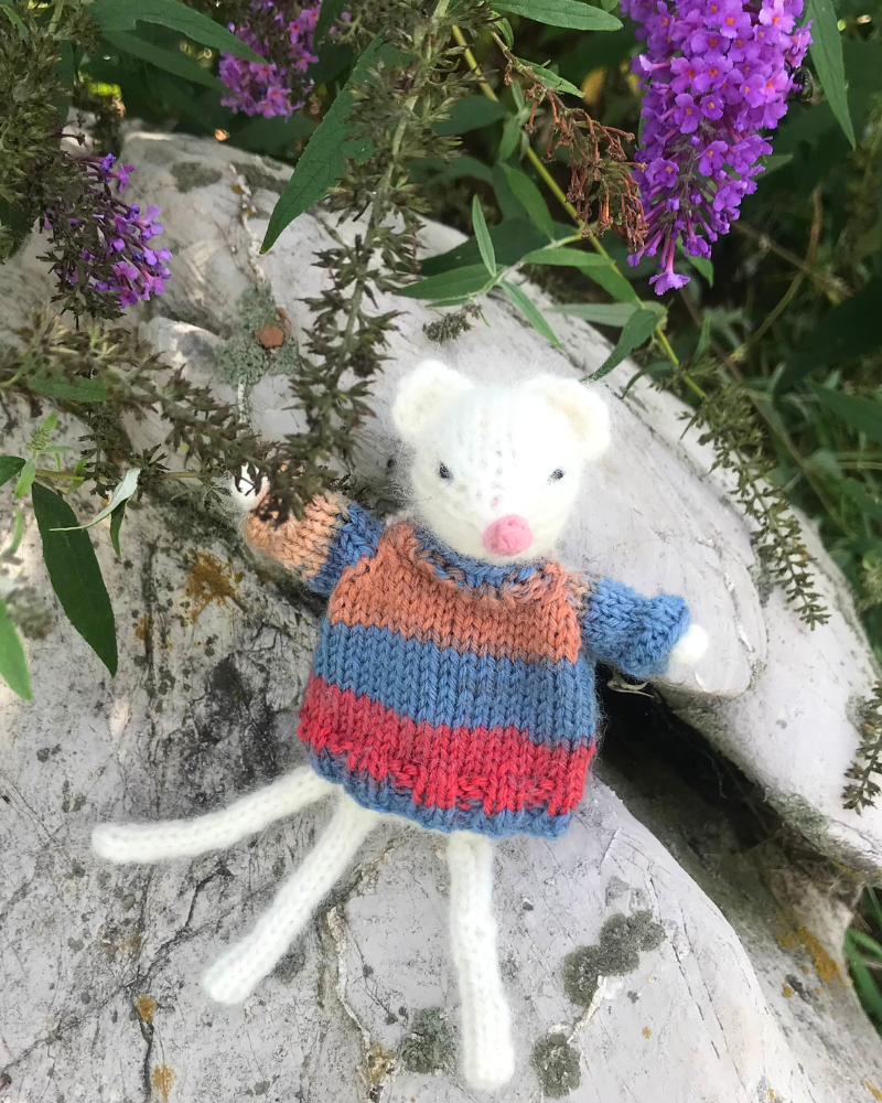 mouse sweater on rock purple flowers