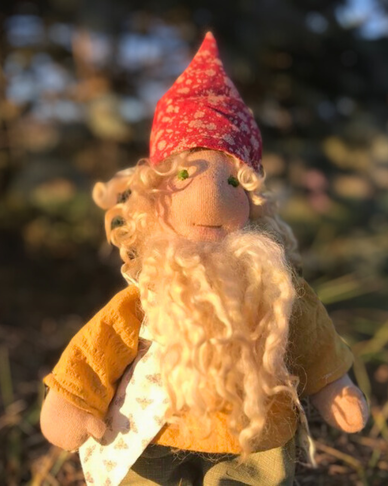 gnome waldorf doll red pointed hat beard vest yellow shirt