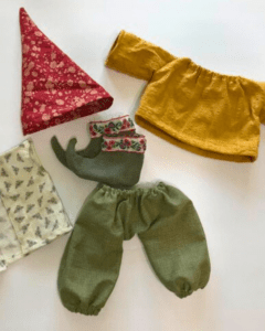 featured image doll clothes gnome yellow shirt green pants green pointed embroidered shoes red floral hat yellow honeybee vest on white background