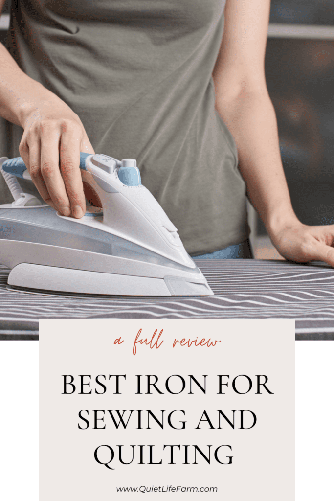 woman wearing grey shirt using a grey iron on a grey ironing board