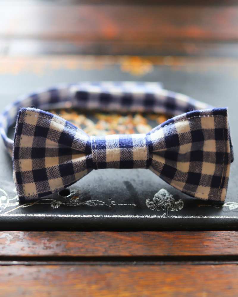 handmade bow tie blue and white check on top of treadle sewing machine